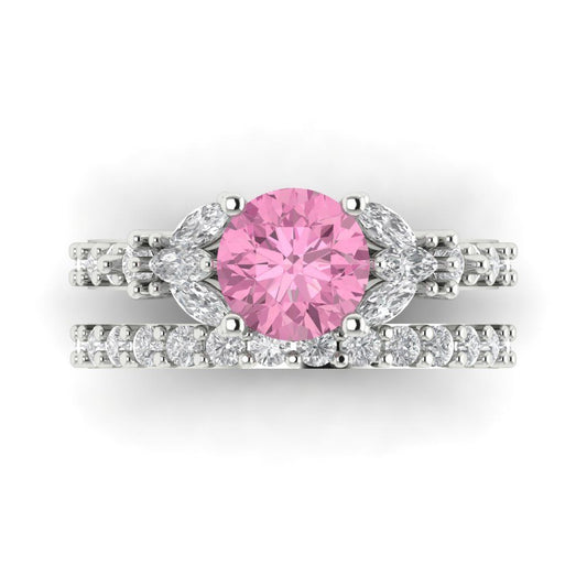 2.94 cttw Round Cut Simulated Pink Diamond Bridal Set - Solid White Gold Engagement Ring & Wedding Band