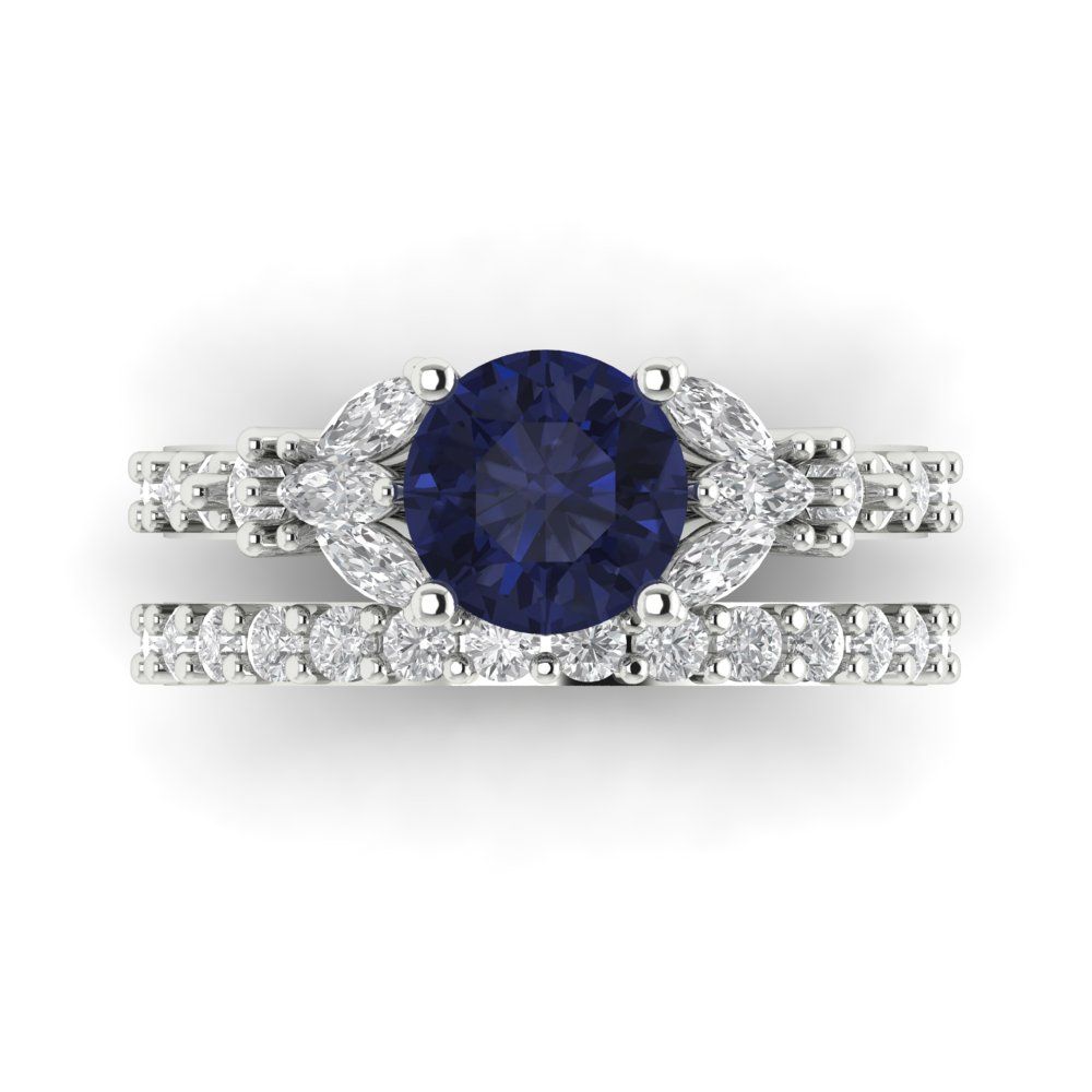 2.94 cttw Round Cut Simulated Blue Sapphire Bridal Set - Solid White Gold Engagement Ring & Wedding Band