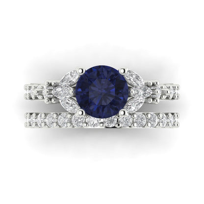 2.94 cttw Round Cut Simulated Blue Sapphire Bridal Set - Solid White Gold Engagement Ring & Wedding Band