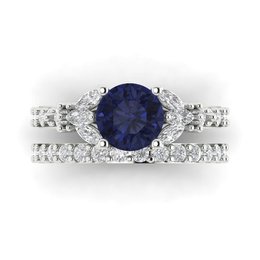 2.94 cttw Round Cut Simulated Blue Sapphire Bridal Set - Solid White Gold Engagement Ring & Wedding Band