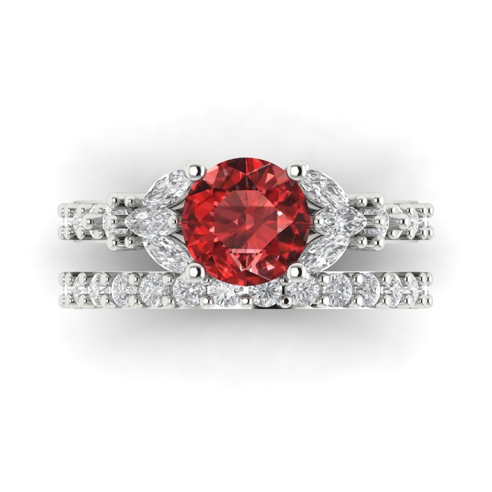 2.94 cttw Round Cut Natural Garnet Bridal Set - Solid White Gold Engagement Ring & Wedding Band