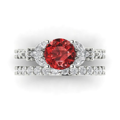 2.94 cttw Round Cut Natural Garnet Bridal Set - Solid White Gold Engagement Ring & Wedding Band