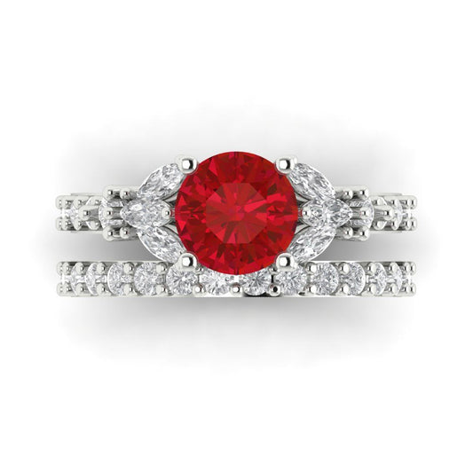2.94 cttw Round Cut Simulated Ruby Bridal Set - Solid White Gold Engagement Ring & Wedding Band