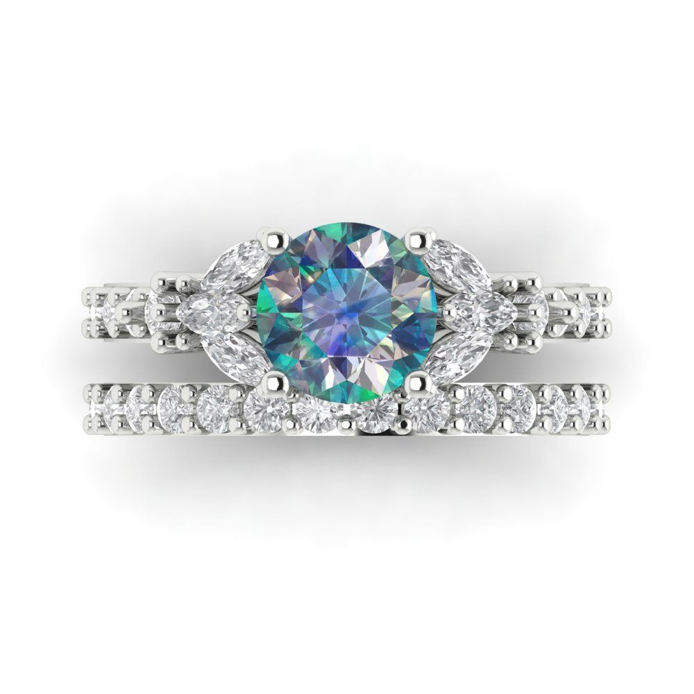 2.94 cttw Round Cut Blue Moissanite Bridal Set - Solid White Gold Engagement Ring & Wedding Band
