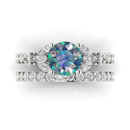 2.94 cttw Round Cut Blue Moissanite Bridal Set - Solid White Gold Engagement Ring & Wedding Band