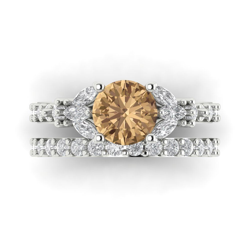 2.94 cttw Round Cut Simulated Champagne Diamond Bridal Set - Solid White Gold Engagement Ring & Wedding Band