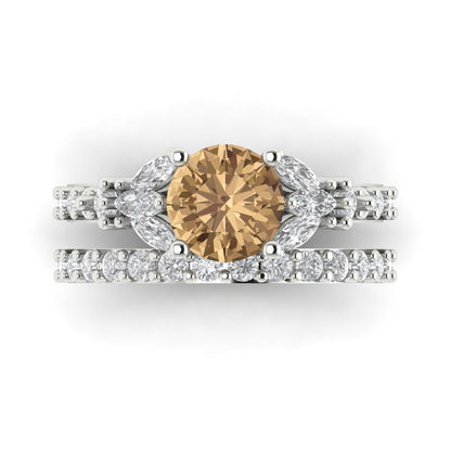 2.94 cttw Round Cut Simulated Champagne Diamond Bridal Set - Solid White Gold Engagement Ring & Wedding Band