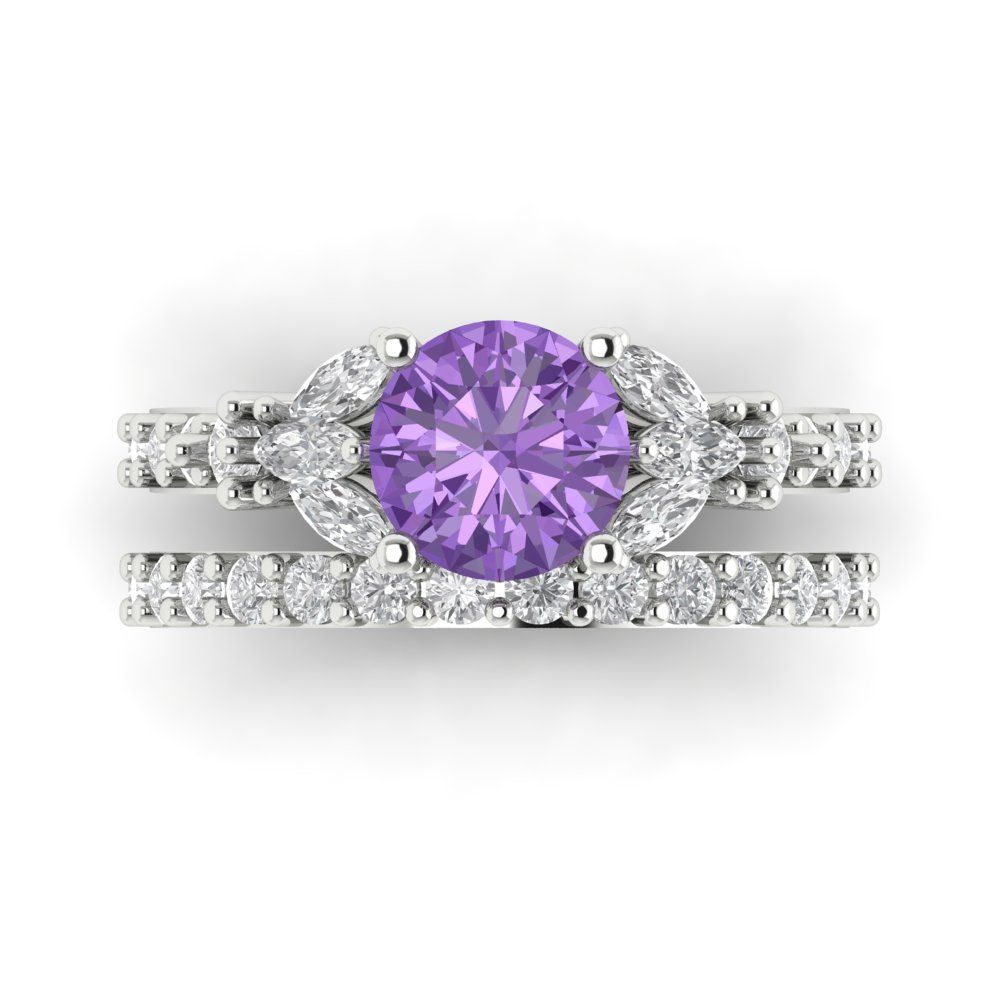 2.94 cttw Round Cut Simulated Alexandrite Bridal Set - Solid White Gold Engagement Ring & Wedding Band