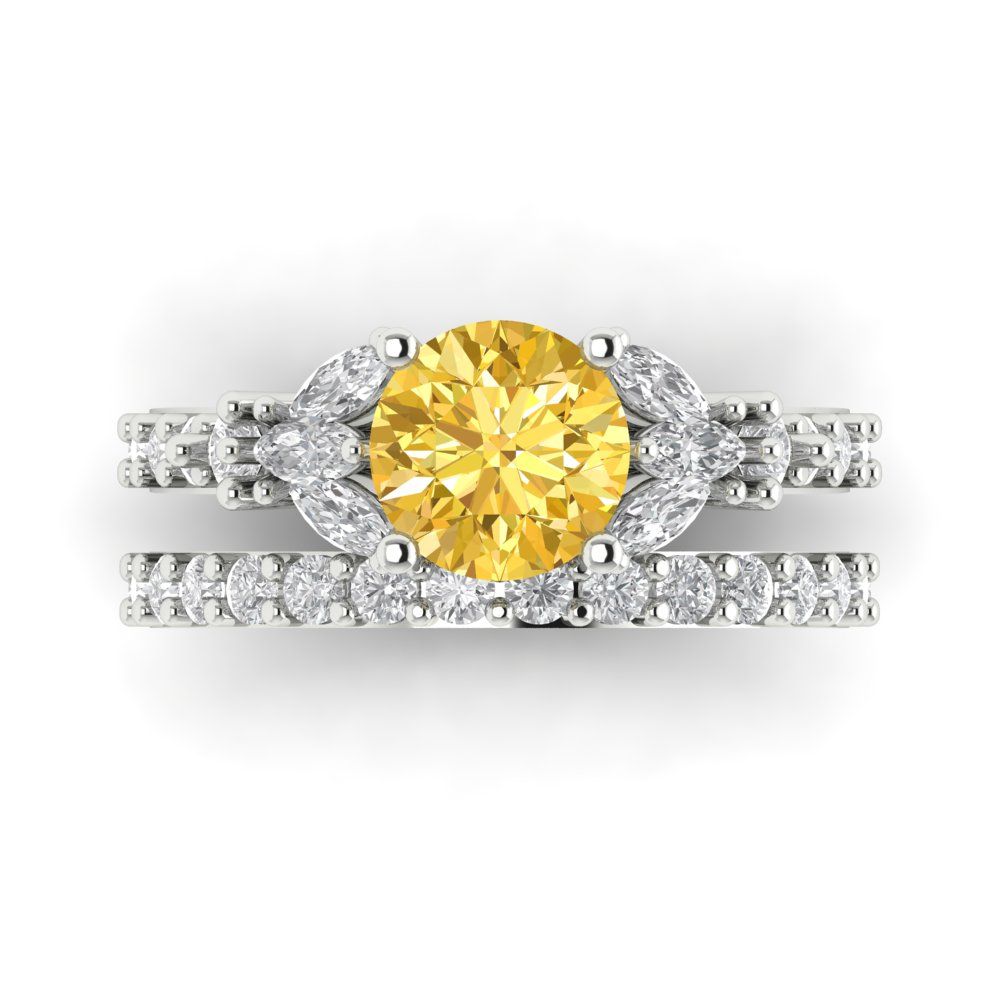 2.94 cttw Round Cut Natural Citrine Bridal Set - Solid White Gold Engagement Ring & Wedding Band