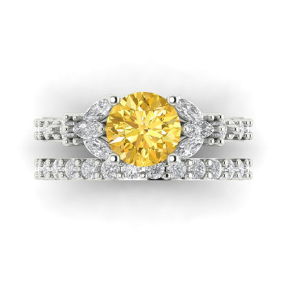 3.06 ct Brilliant Round Cut Natural Citrine White Gold Solitaire with Accents Bridal Set, November Birthstone