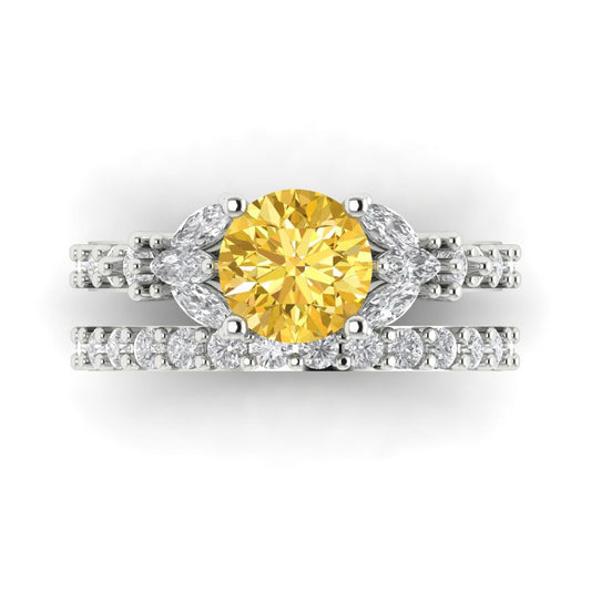 2.94 cttw Round Cut Natural Citrine Bridal Set - Solid White Gold Engagement Ring & Wedding Band