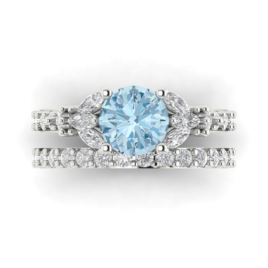 2.94 cttw Round Cut Natural Aquamarine Bridal Set - Solid White Gold Engagement Ring & Wedding Band