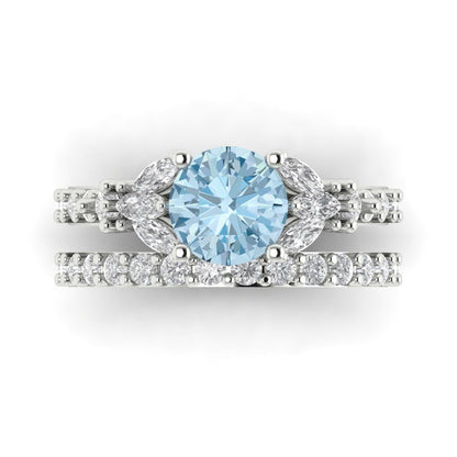 2.94 cttw Round Cut Natural Sky Blue Topaz Bridal Set - Solid White Gold Engagement Ring & Wedding Band