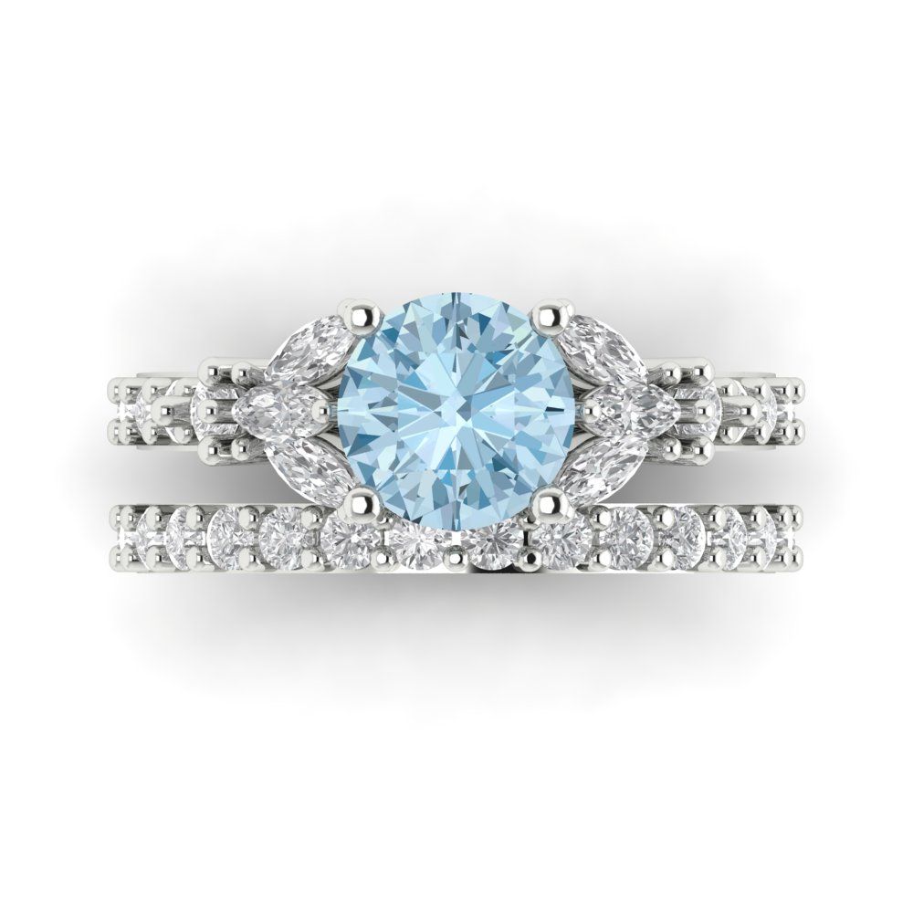 2.94 cttw Round Cut Natural Swiss Blue Topaz Bridal Set - Solid White Gold Engagement Ring & Wedding Band