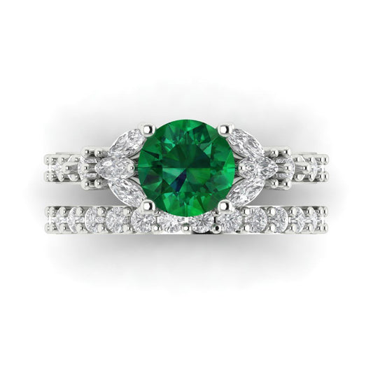 2.94 cttw Round Cut Simulated Emerald Bridal Set - Solid White Gold Engagement Ring & Wedding Band
