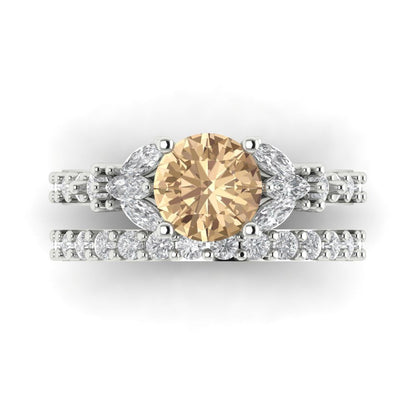 2.94 cttw Round Cut Yellow Moissanite Bridal Set - Solid White Gold Engagement Ring & Wedding Band