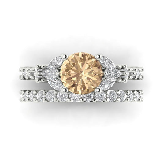 2.94 cttw Round Cut Yellow Moissanite Bridal Set - Solid White Gold Engagement Ring & Wedding Band