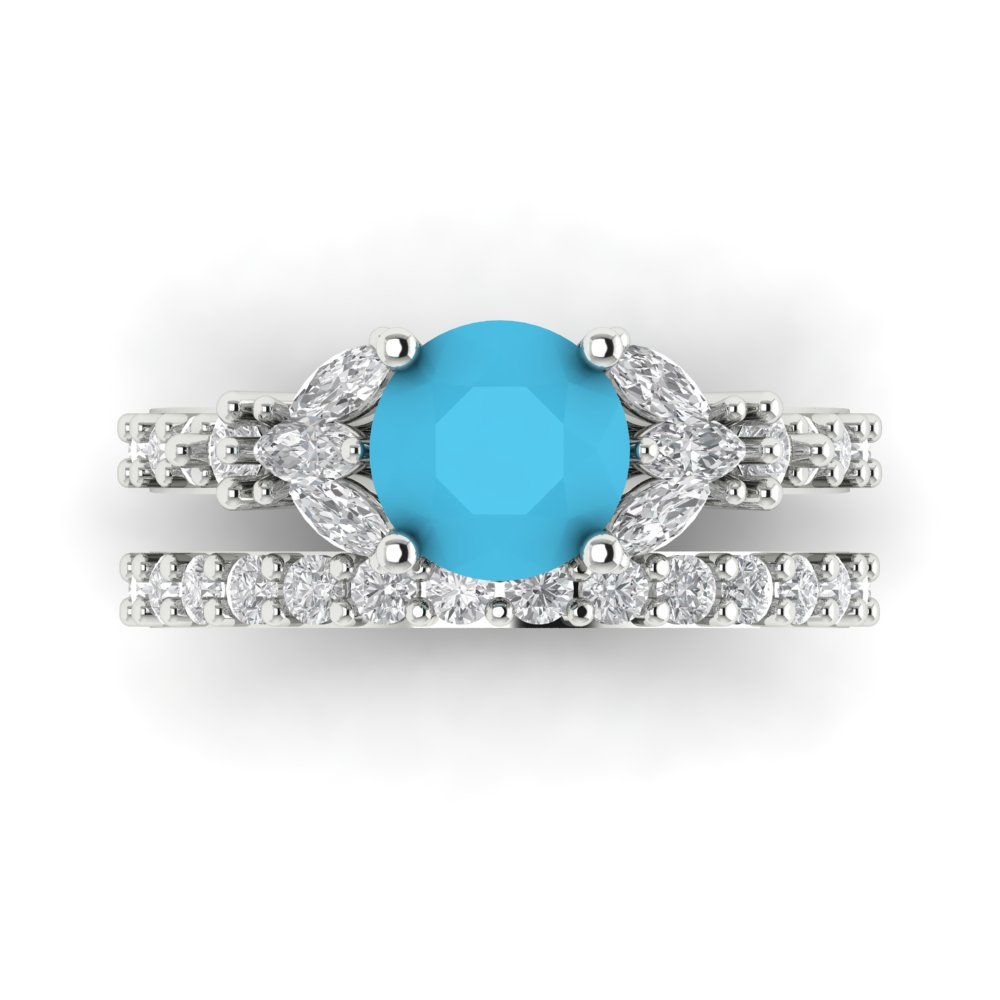 2.94 cttw Round Cut Simulated Turquoise Bridal Set - Solid White Gold Engagement Ring & Wedding Band
