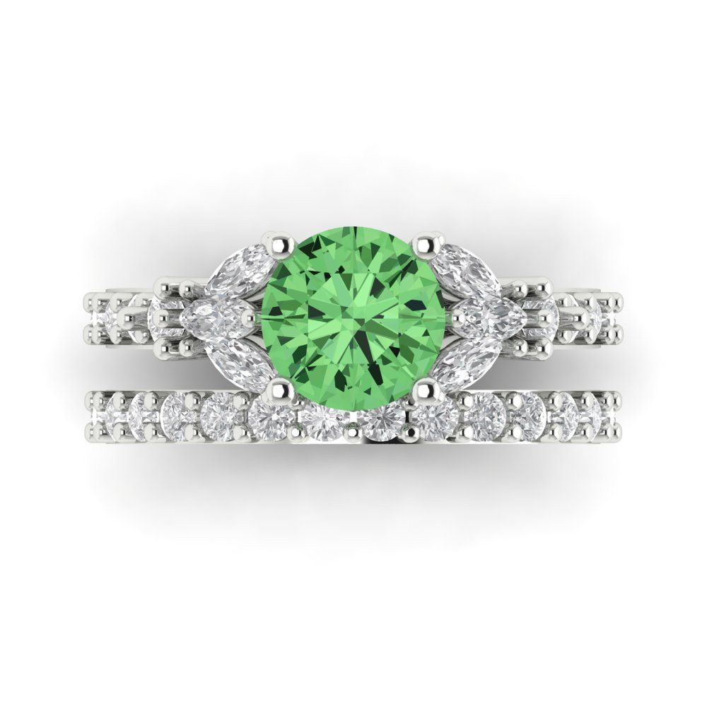 2.94 cttw Round Cut Simulated Green Diamond Bridal Set - Solid White Gold Engagement Ring & Wedding Band