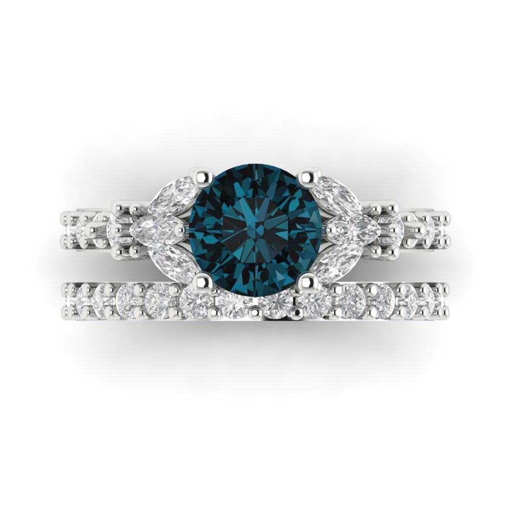 2.94 cttw Round Cut Natural London Blue Topaz Bridal Set - Solid White Gold Engagement Ring & Wedding Band