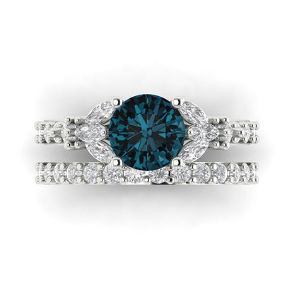 2.94 cttw Round Cut Natural London Blue Topaz Bridal Set - Solid White Gold Engagement Ring & Wedding Band