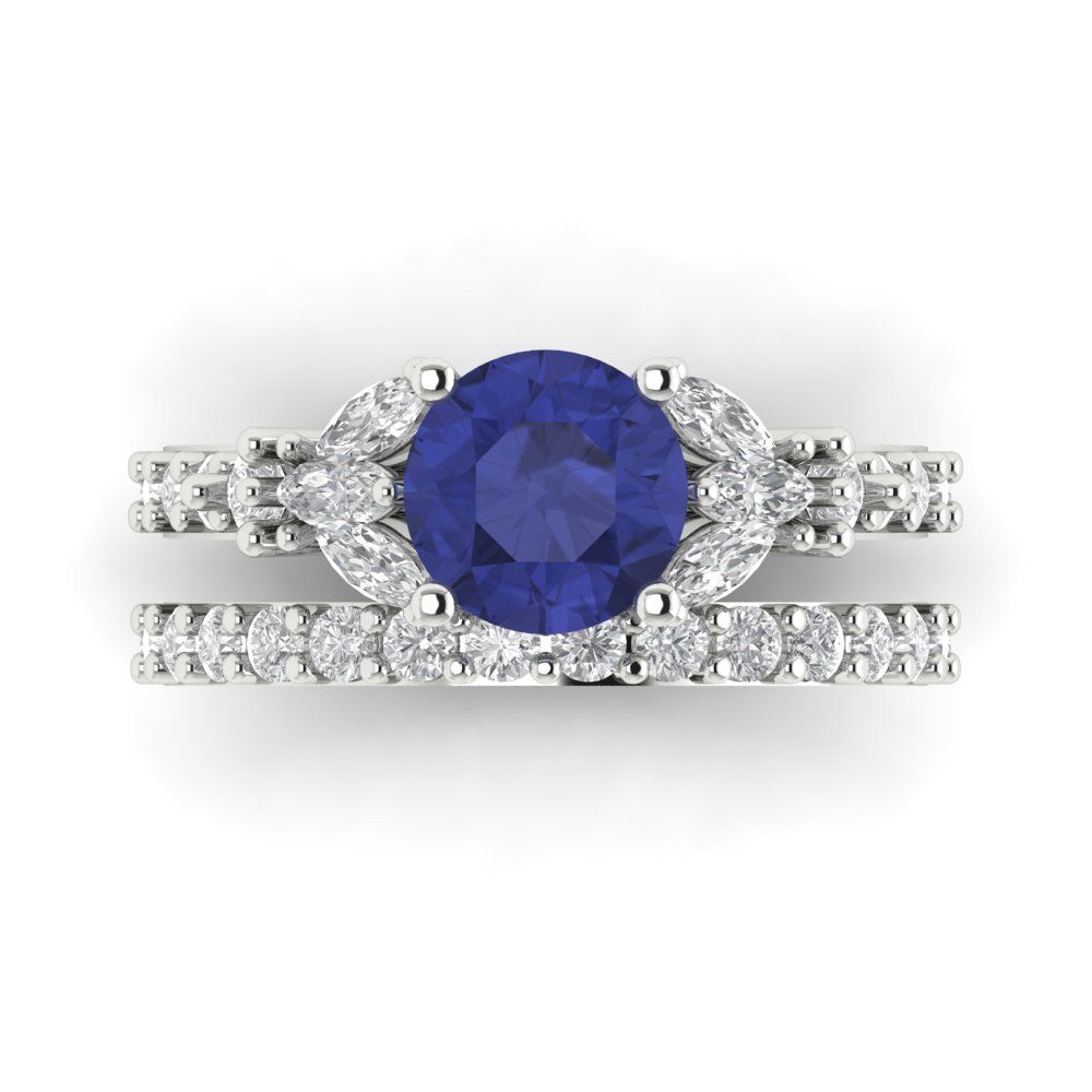 2.94 cttw Round Cut Simulated Tanzanite Bridal Set - Solid White Gold Engagement Ring & Wedding Band