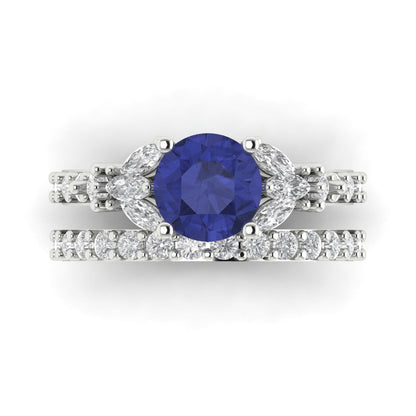 2.94 cttw Round Cut Simulated Tanzanite Bridal Set - Solid White Gold Engagement Ring & Wedding Band