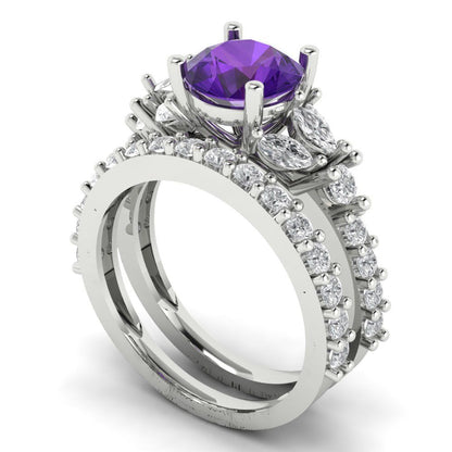 2.94 cttw Round Cut Natural Amethyst Bridal Set - Solid White Gold Engagement Ring & Wedding Band