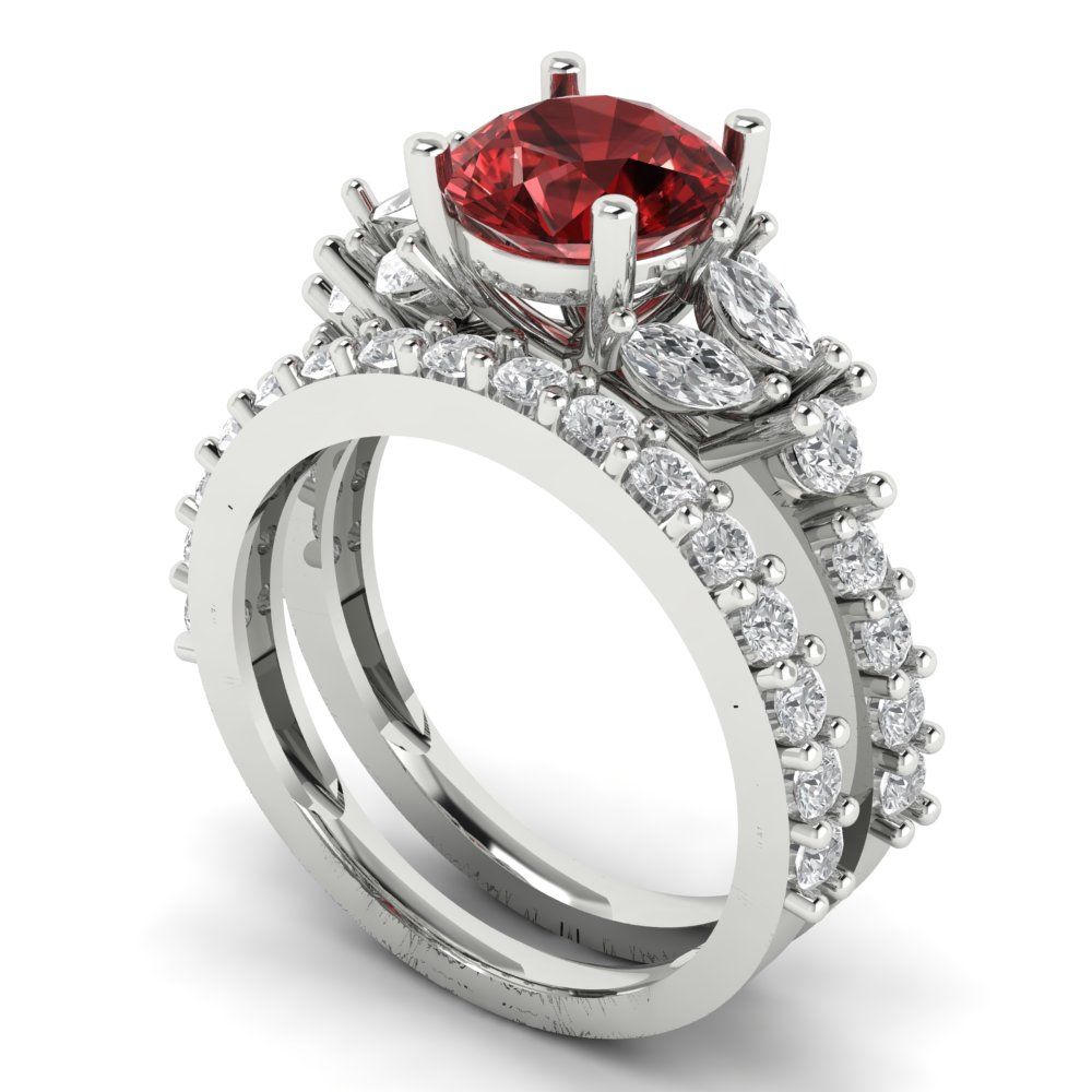 2.94 cttw Round Cut Natural Garnet Bridal Set - Solid White Gold Engagement Ring & Wedding Band