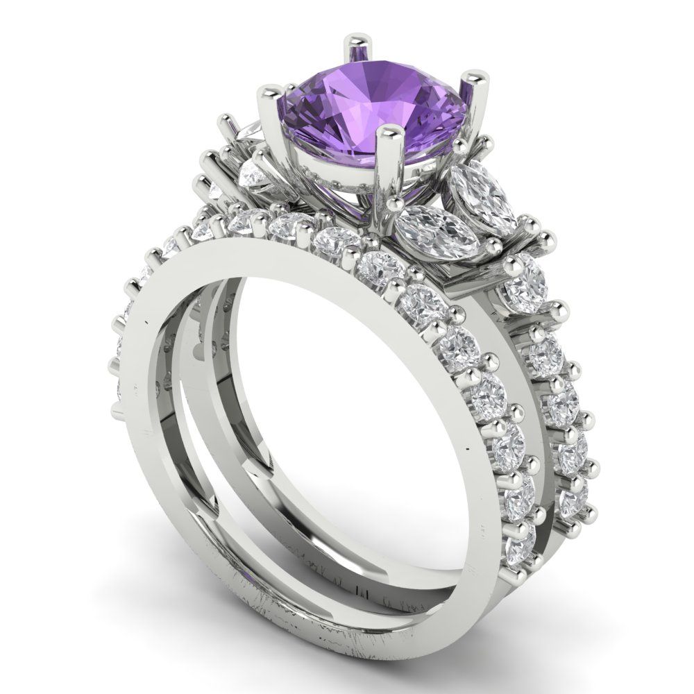 2.94 cttw Round Cut Simulated Alexandrite Bridal Set - Solid White Gold Engagement Ring & Wedding Band