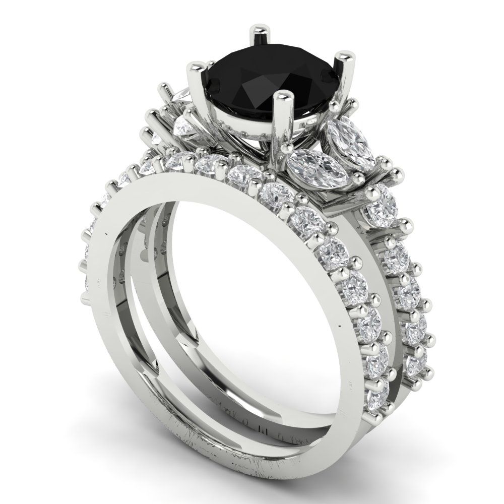 2.94 cttw Round Cut Natural Onyx Bridal Set - Solid White Gold Engagement Ring & Wedding Band