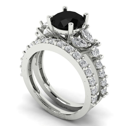 2.94 cttw Round Cut Natural Onyx Bridal Set - Solid White Gold Engagement Ring & Wedding Band
