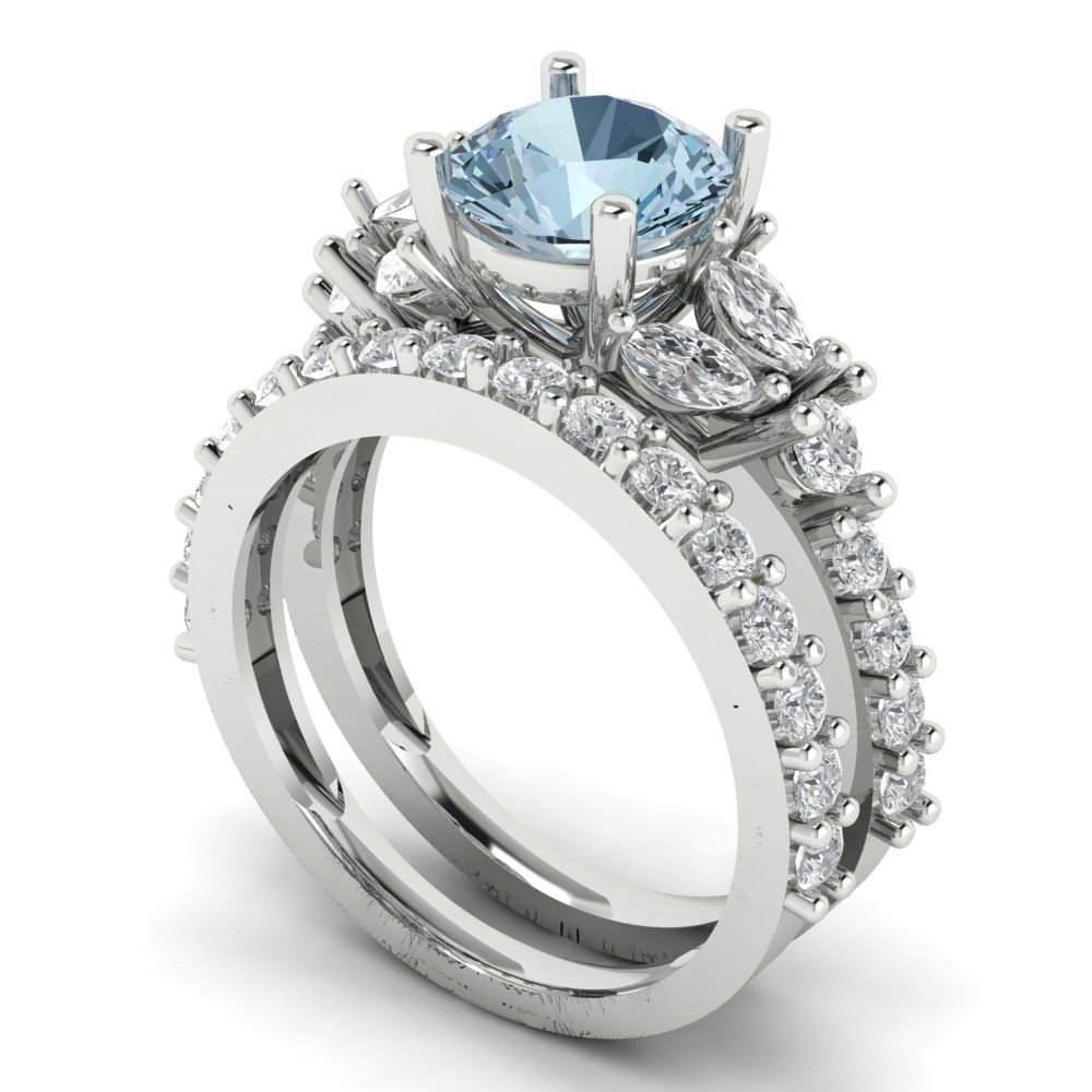 2.94 cttw Round Cut Natural Aquamarine Bridal Set - Solid White Gold Engagement Ring & Wedding Band