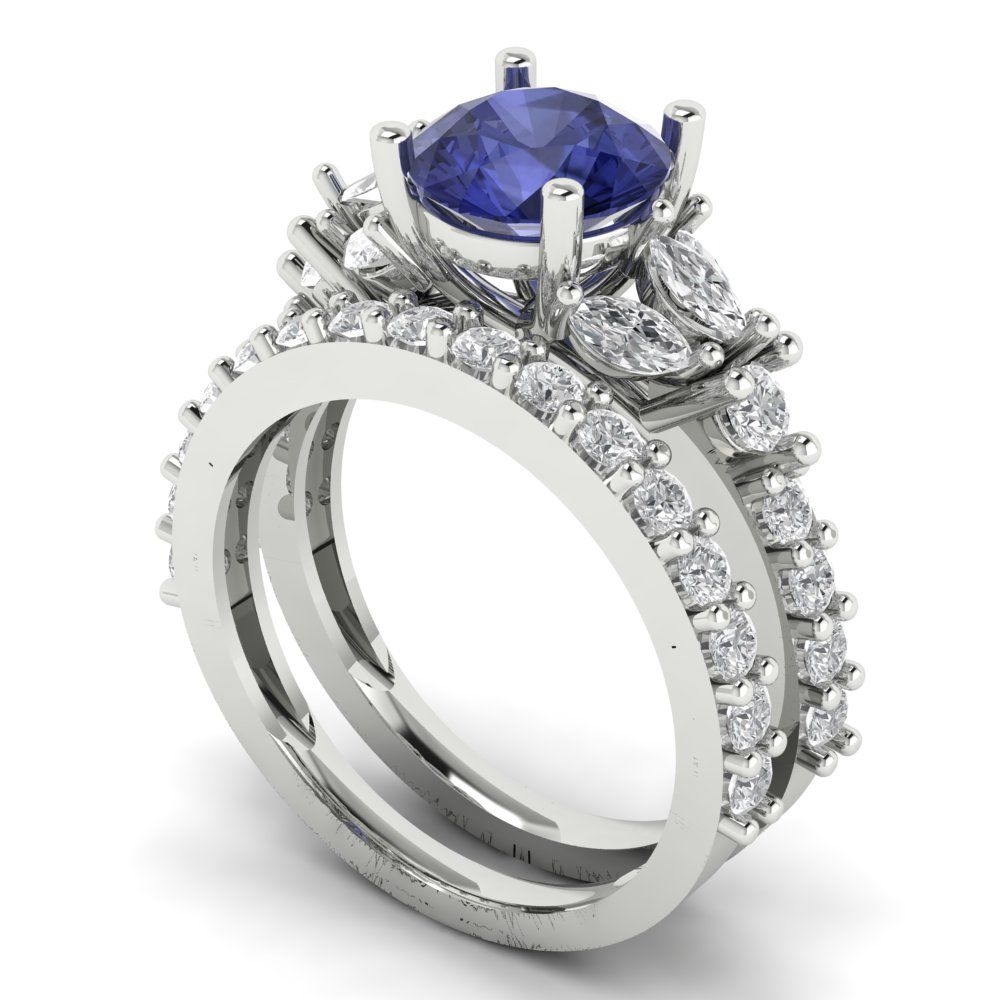 2.94 cttw Round Cut Simulated Tanzanite Bridal Set - Solid White Gold Engagement Ring & Wedding Band