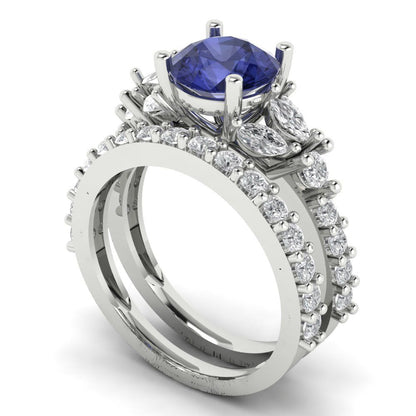 2.94 cttw Round Cut Simulated Tanzanite Bridal Set - Solid White Gold Engagement Ring & Wedding Band