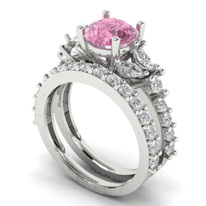 2.94 cttw Round Cut Simulated Pink Diamond Bridal Set - Solid White Gold Engagement Ring & Wedding Band