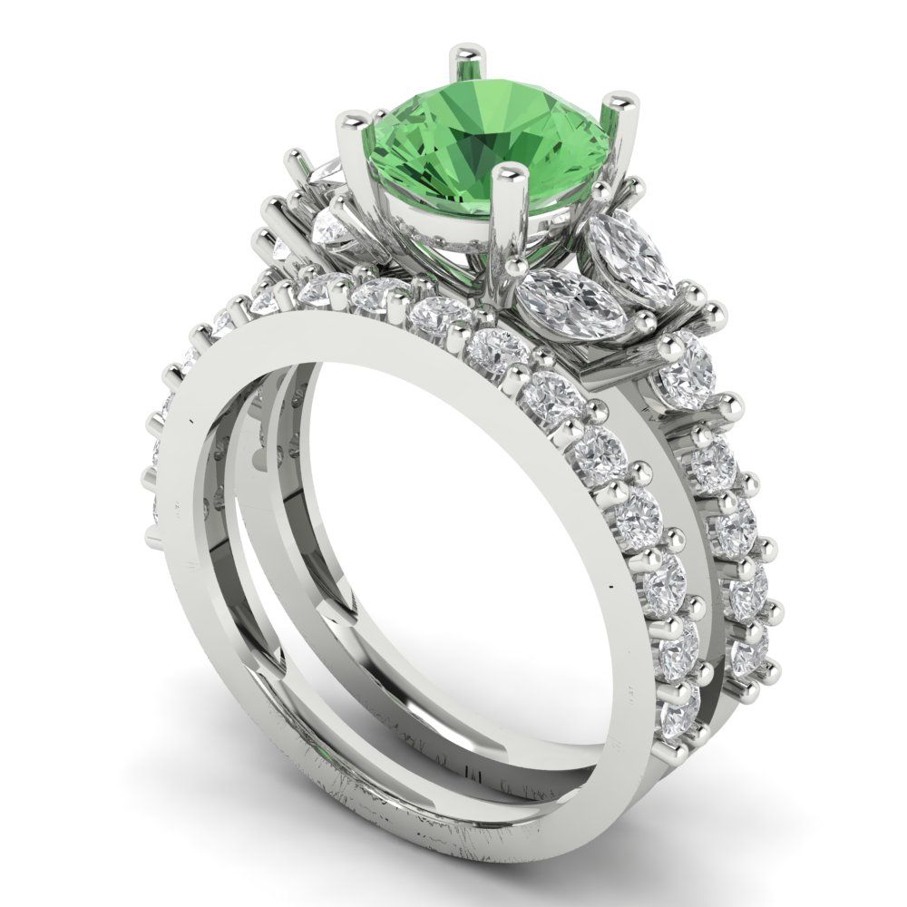 2.94 cttw Round Cut Simulated Green Diamond Bridal Set - Solid White Gold Engagement Ring & Wedding Band