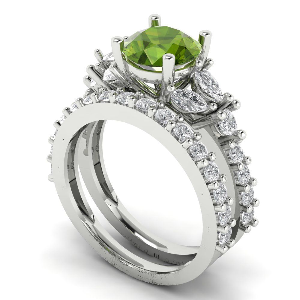 2.94 cttw Round Cut Natural Peridot Bridal Set - Solid White Gold Engagement Ring & Wedding Band