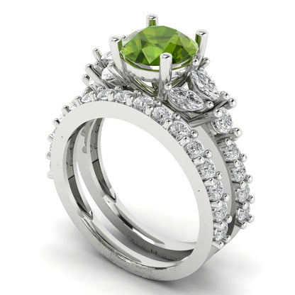 2.94 cttw Round Cut Natural Peridot Bridal Set - Solid White Gold Engagement Ring & Wedding Band