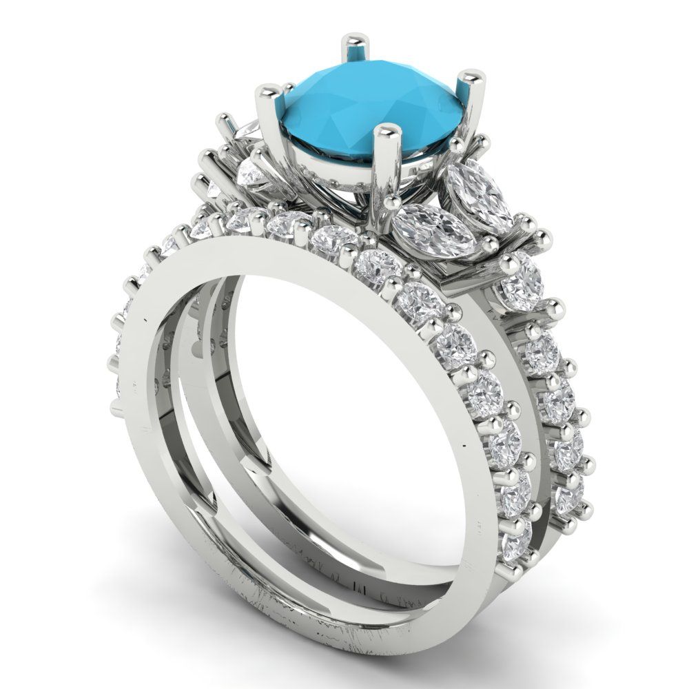 2.94 cttw Round Cut Simulated Turquoise Bridal Set - Solid White Gold Engagement Ring & Wedding Band