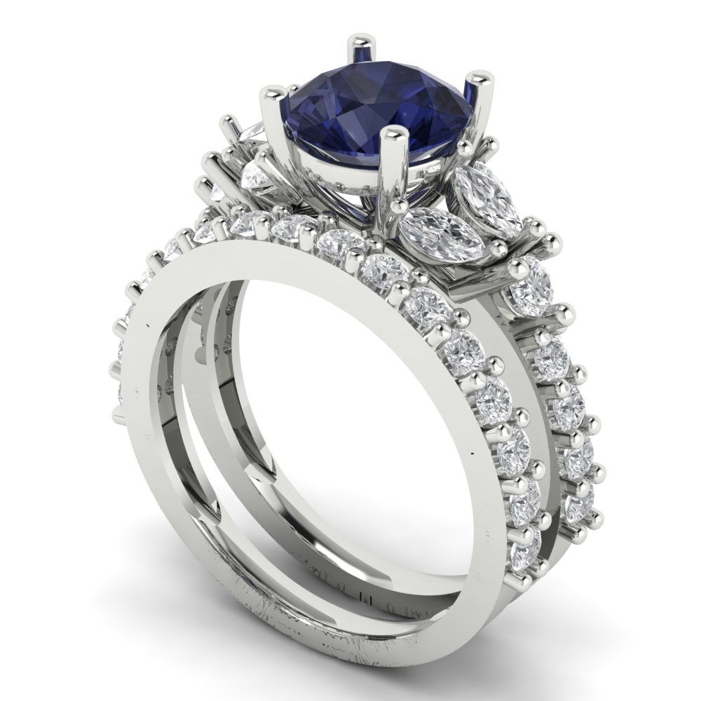 2.94 cttw Round Cut Simulated Blue Sapphire Bridal Set - Solid White Gold Engagement Ring & Wedding Band