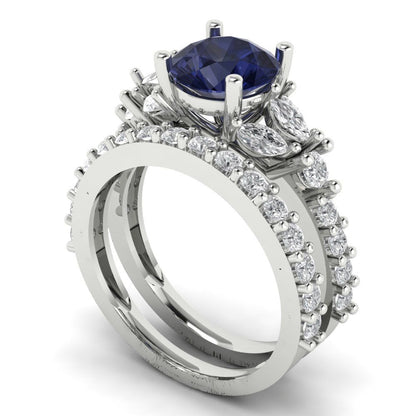 2.94 cttw Round Cut Simulated Blue Sapphire Bridal Set - Solid White Gold Engagement Ring & Wedding Band