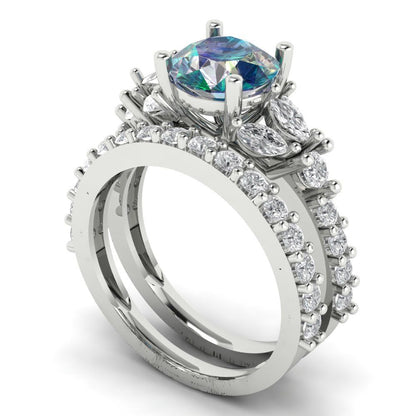2.94 cttw Round Cut Blue Moissanite Bridal Set - Solid White Gold Engagement Ring & Wedding Band