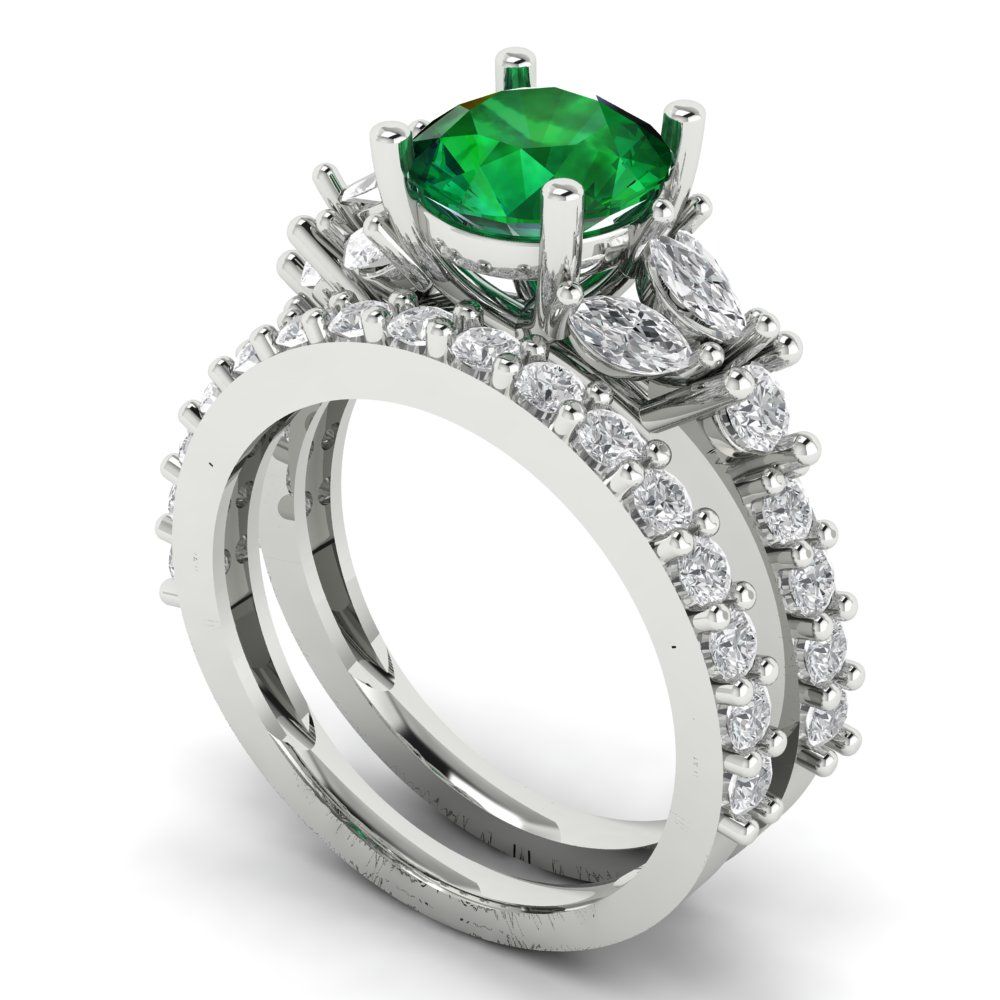 2.94 cttw Round Cut Simulated Emerald Bridal Set - Solid White Gold Engagement Ring & Wedding Band