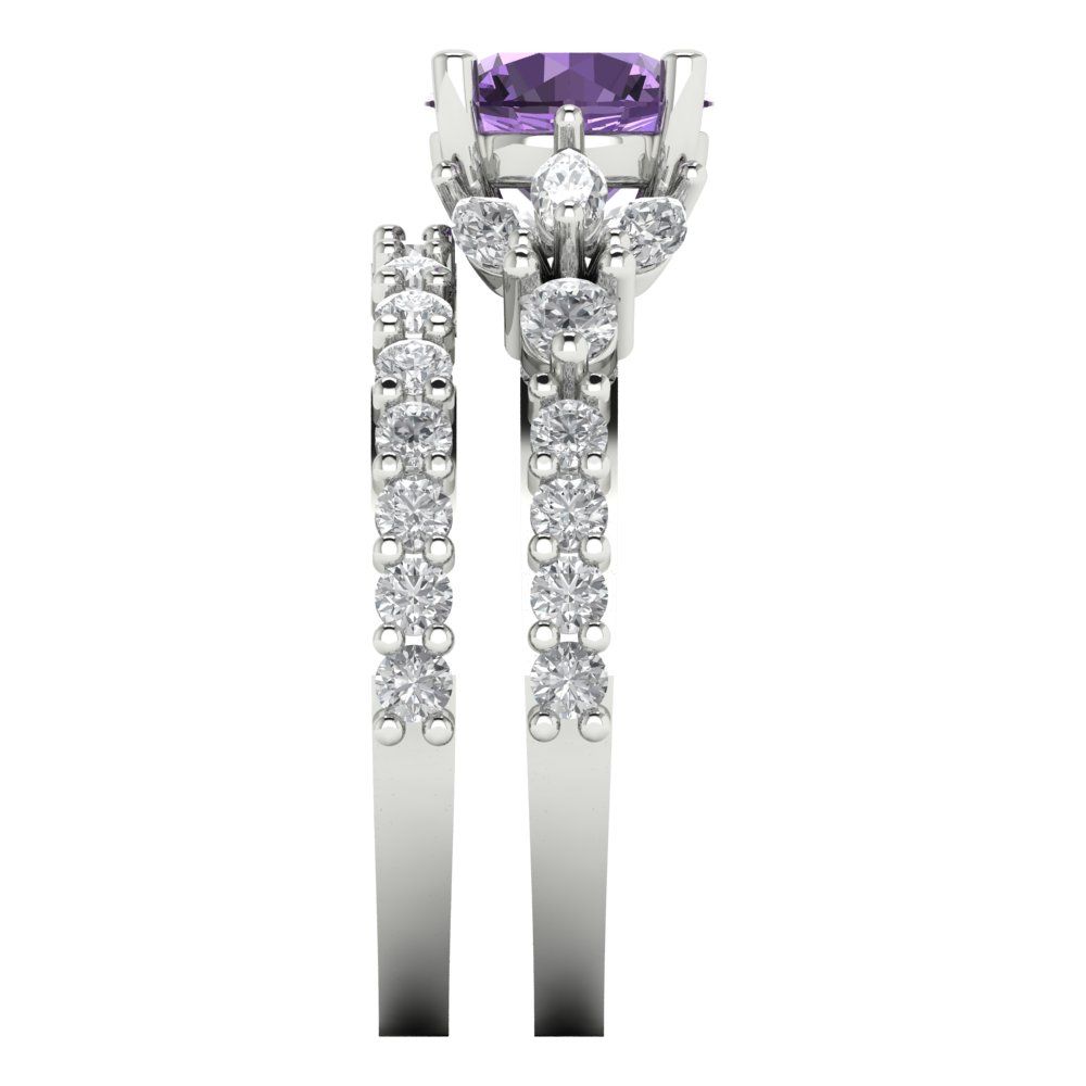 2.94 cttw Round Cut Simulated Alexandrite Bridal Set - Solid White Gold Engagement Ring & Wedding Band