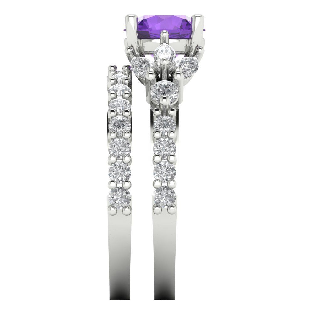 2.94 cttw Round Cut Natural Amethyst Bridal Set - Solid White Gold Engagement Ring & Wedding Band