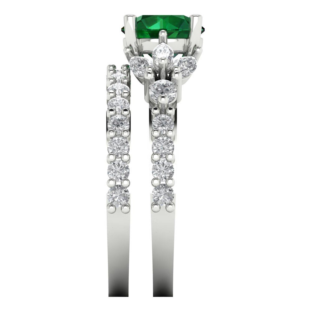 2.94 cttw Round Cut Simulated Emerald Bridal Set - Solid White Gold Engagement Ring & Wedding Band