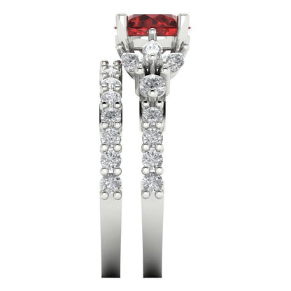 2.94 cttw Round Cut Natural Garnet Bridal Set - Solid White Gold Engagement Ring & Wedding Band