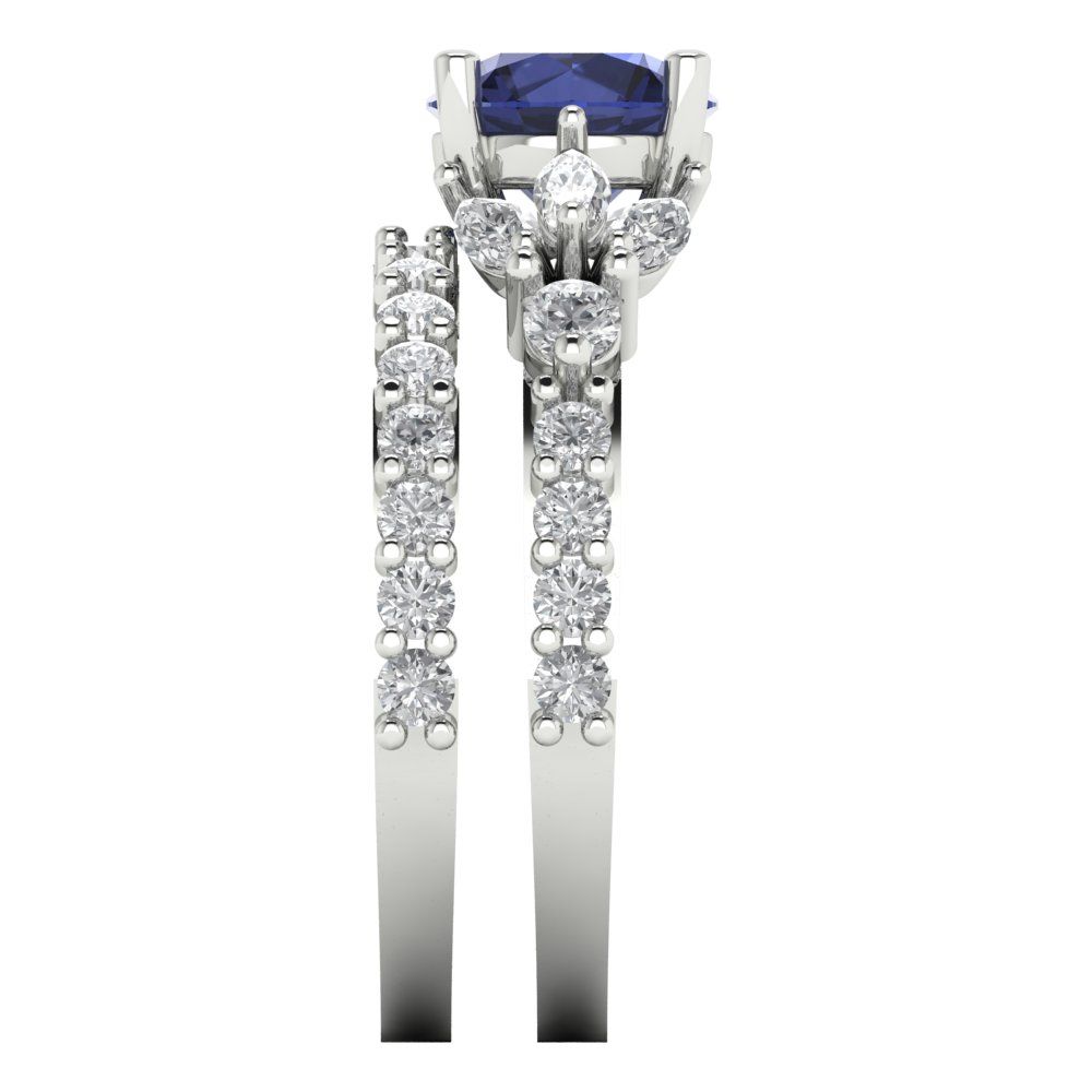 2.94 cttw Round Cut Simulated Blue Sapphire Bridal Set - Solid White Gold Engagement Ring & Wedding Band