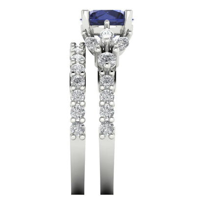 2.94 cttw Round Cut Simulated Blue Sapphire Bridal Set - Solid White Gold Engagement Ring & Wedding Band